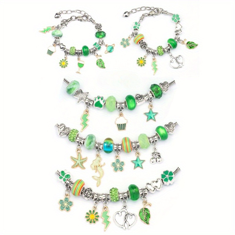 Christmas Charm Bracelet Jewelry Making Kit Green Themed Beads DIY Craft Set